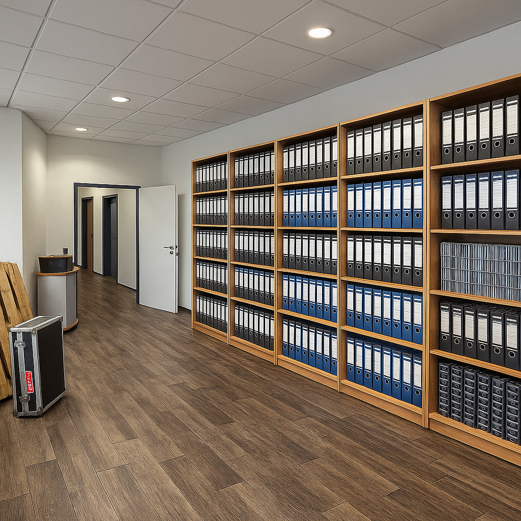 Büroarchiv mit Regalen voller Aktenordner – Vorbereitung für professionelle Aktenvernichtung und Entsorgung.