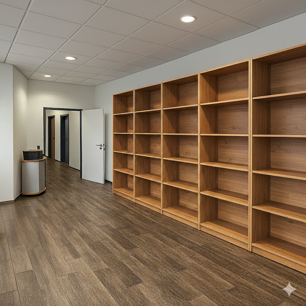 Leere Regale in einem Büro nach professioneller Aktenvernichtung und Entsorgung.