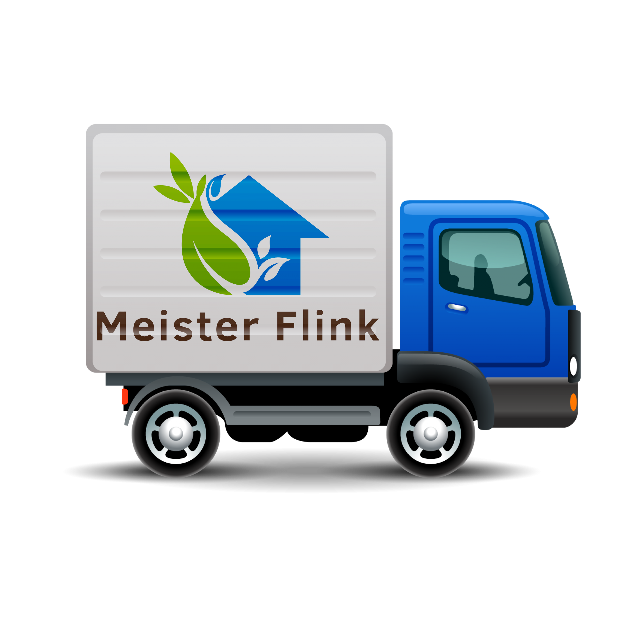 Blauer Transporter mit dem Logo von Meister Flink – professioneller Kleinumzug und Transportservice.