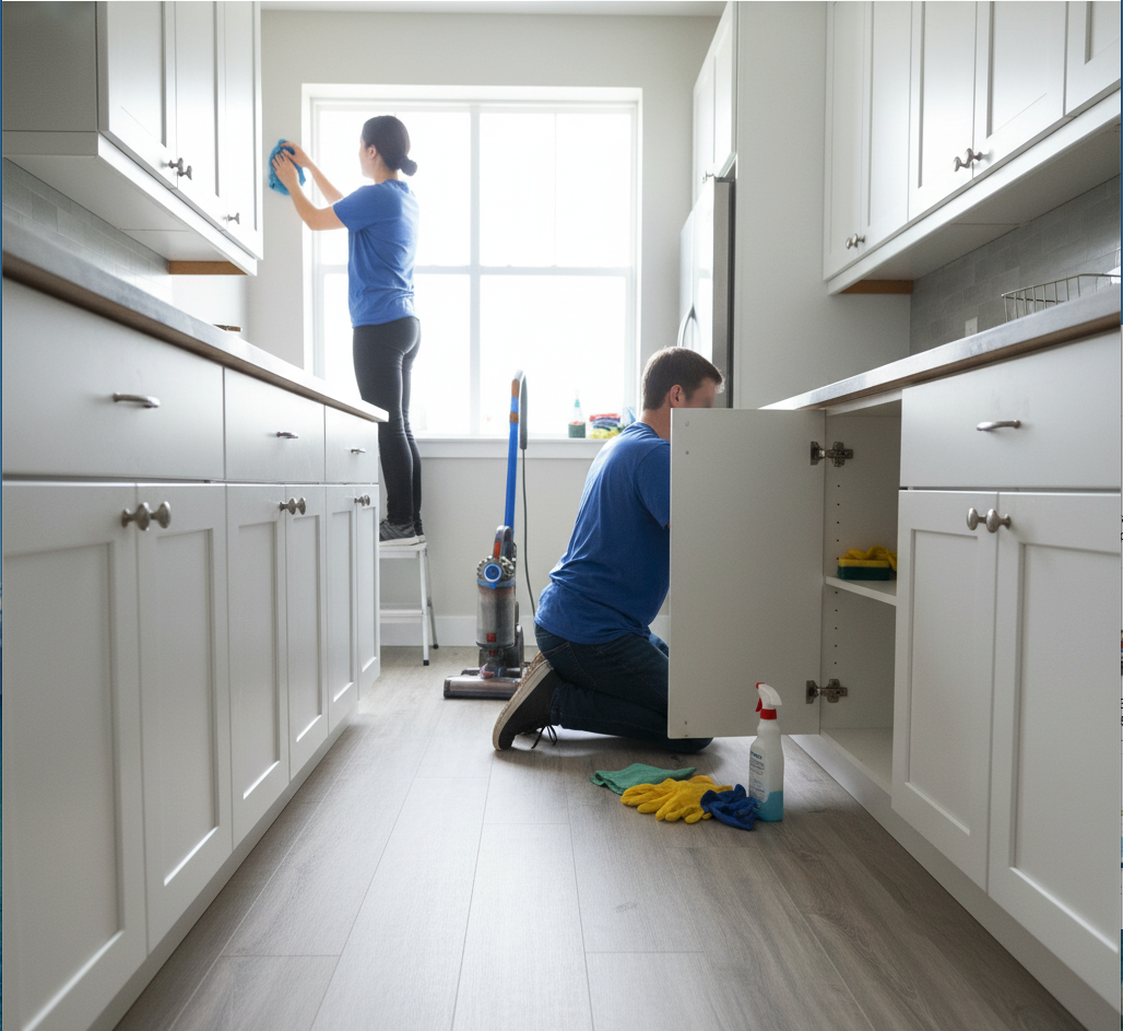 Zwei Reinigungskräfte putzen eine helle Küche. Eine Person wischt die Oberschränke auf einer
kleinen Leiter, die andere reinigt den Unterschrank.