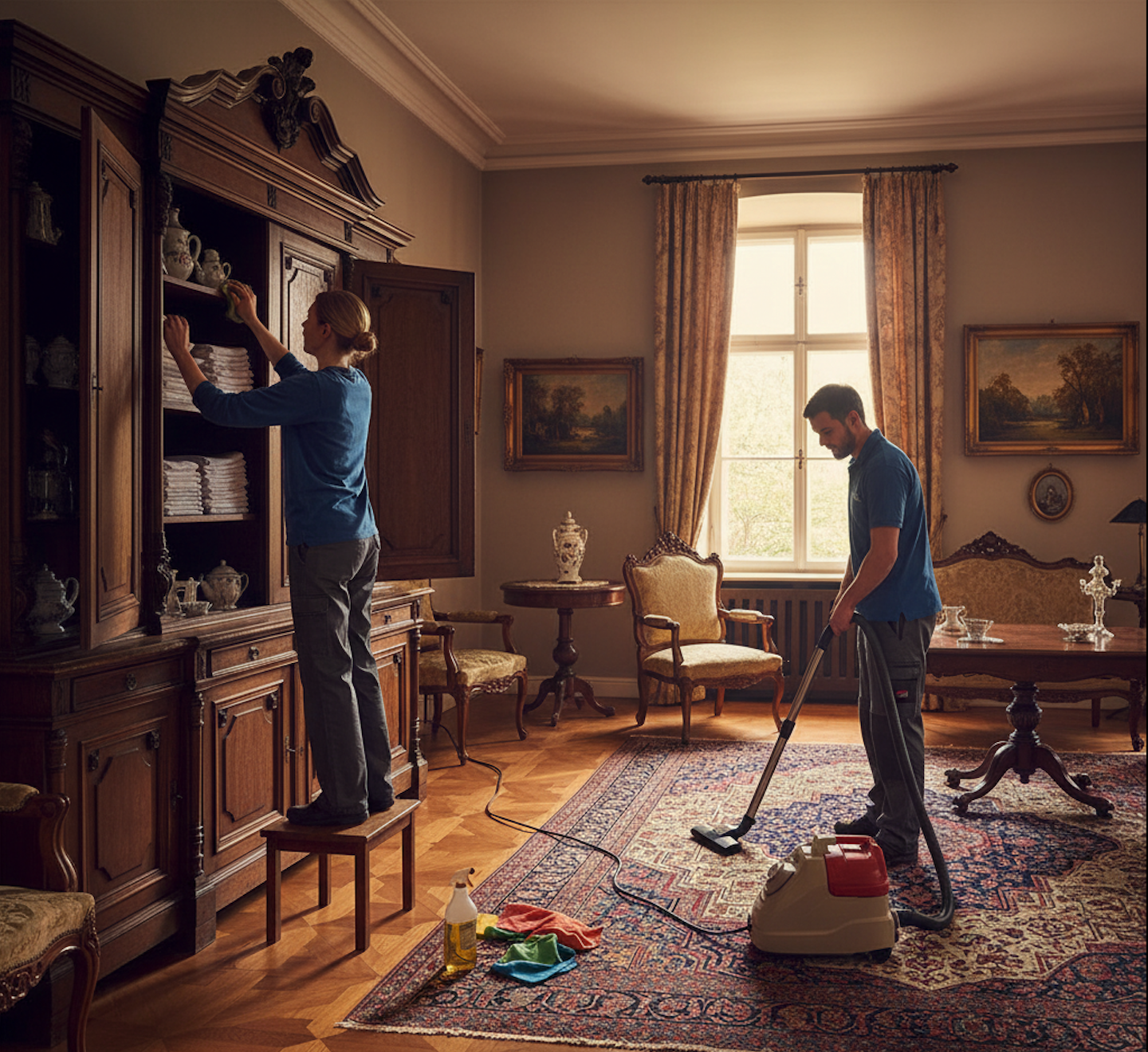 Zwei Reinigungskräfte säubern einen klassisch eingerichteten Raum: eine Person staubt ein
Holzregal ab, die andere saugt den Teppich.