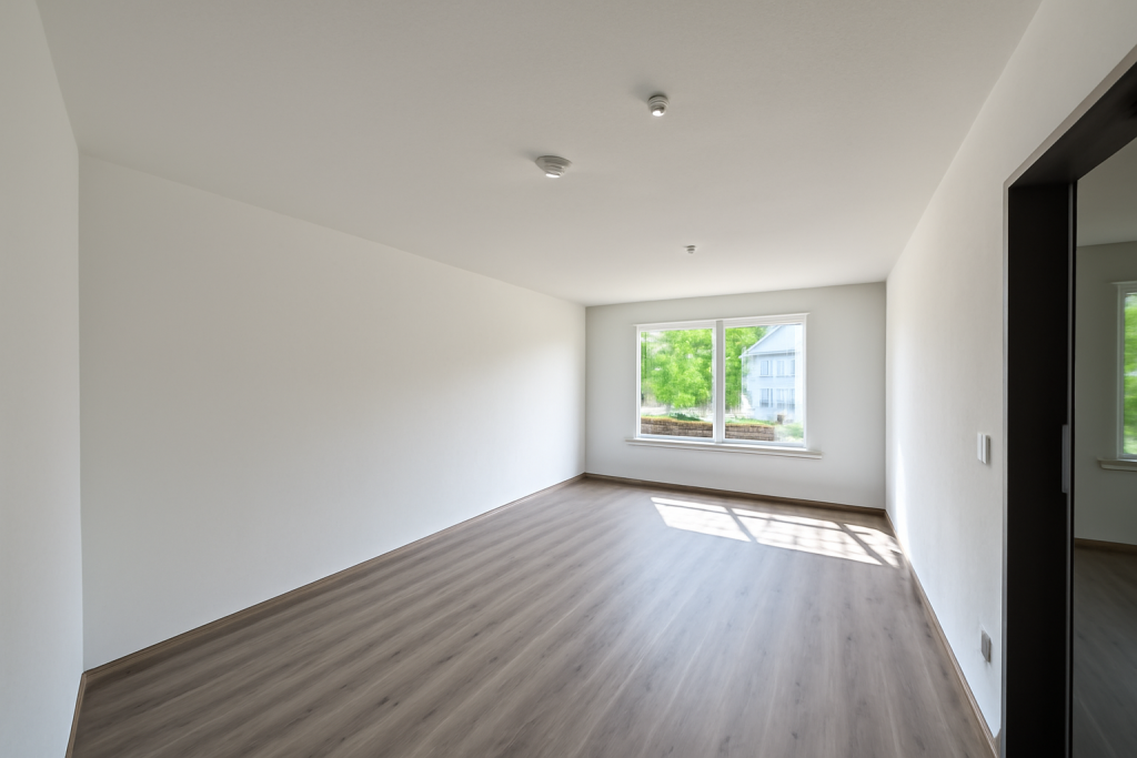 Renoviertes Wohnzimmer mit neu verlegtem Laminatboden und frisch gestrichenen weißen Wänden.