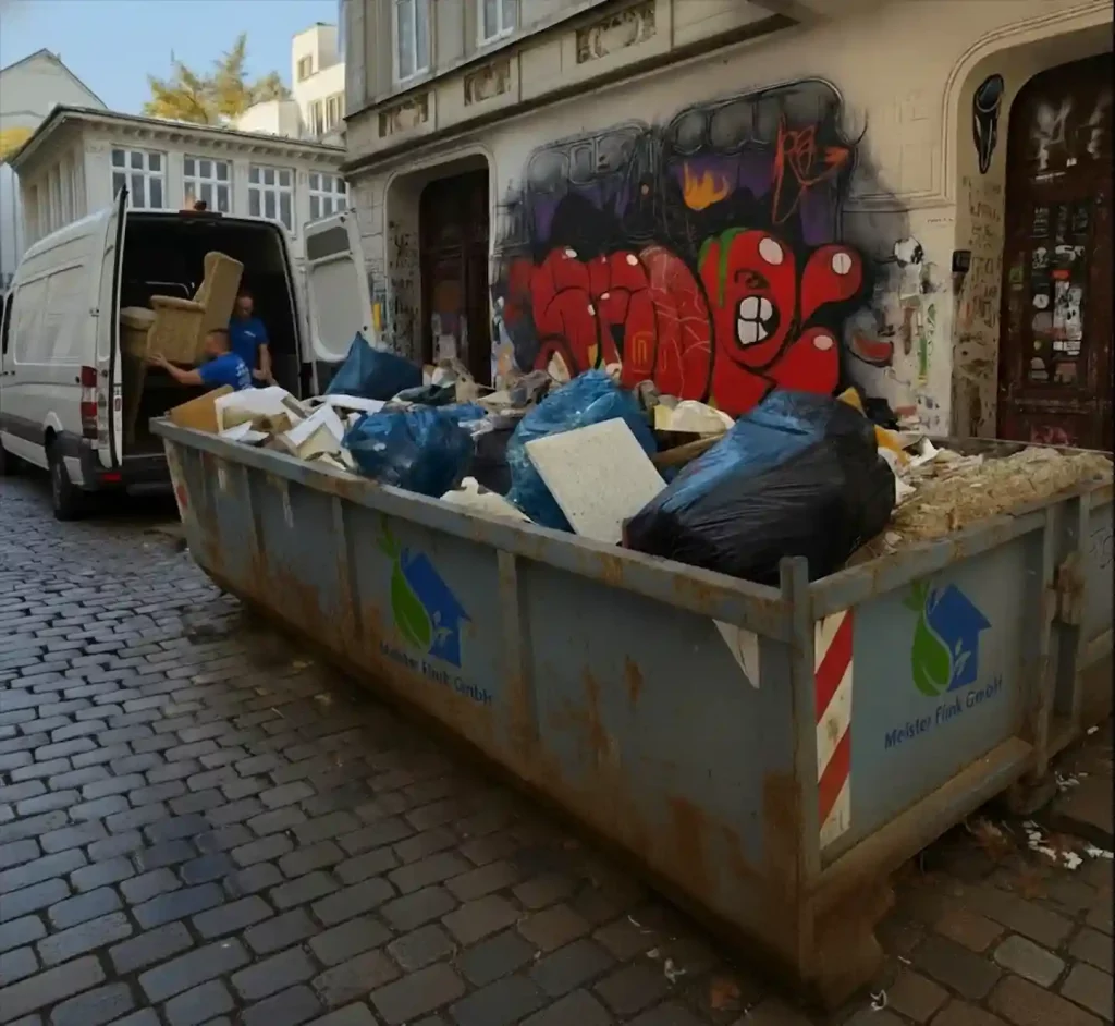 Überfüllter Entrümpelungs-Container von Meister Flink GmbH in einer engen Straße, während
zwei Arbeiter Möbel in einen Transporter laden.