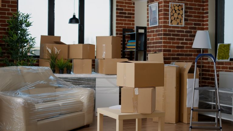 Leeres Wohnzimmer mit Umzugskartons und Möbeln – neues Zuhause, Umzug und Immobilienkonzept